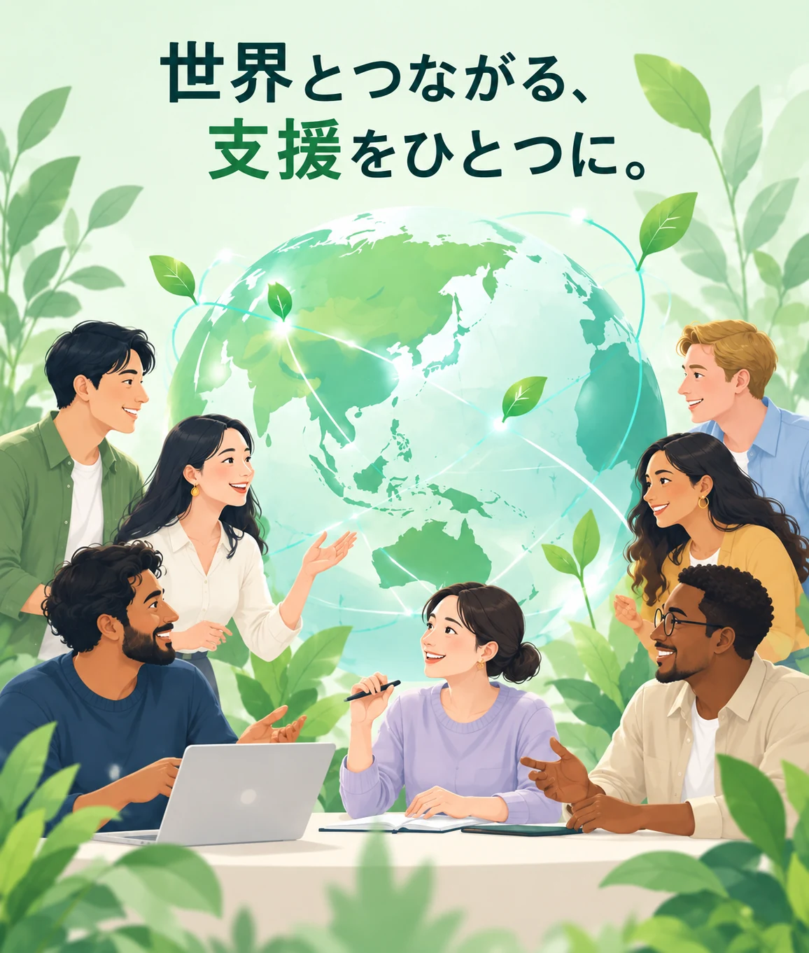 世界とつながる、支援をひとつに。世界各地の人々が地球を囲み、ともに支え合うイラスト。